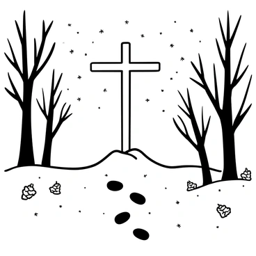 A depiction of "Jesus" on the cross, positioned in the center of a snowy landscape. Sparkling snow covers the ground, creating a soft blanket around the base of the cross. Tall, bare trees with branches laden with snow rise in the background. Flurries of snow gently fall from the sky, adding to the tranquil atmosphere. In the foreground, there are footprints leading up to the cross, and scattered pine cones and twigs are visible in the snow.