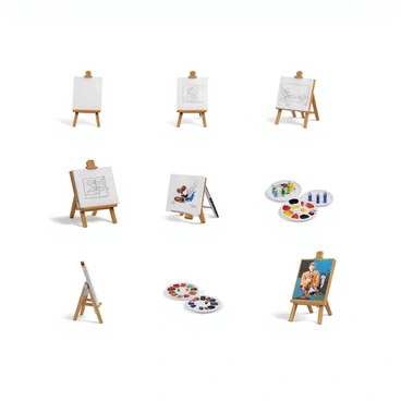 A series of panels depicting the step-by-step creation of an illustration. The first panel shows a blank canvas on an easel, with sketching materials including pencils and erasers nearby. The second panel features an artist drawing initial outlines in pencil on the canvas. The third panel displays the artist filling in colors, using a wide range of paint tubes and brushes scattered on a palette. The fourth panel captures the artist adding details with fine brushes, showcasing the intricacies of the illustration. The final panel shows the completed illustration on the canvas, vibrant and full of life.