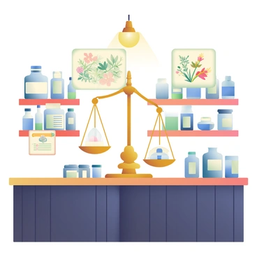 An old-fashioned chemist’s shop with a triple beam balance displayed prominently on the counter