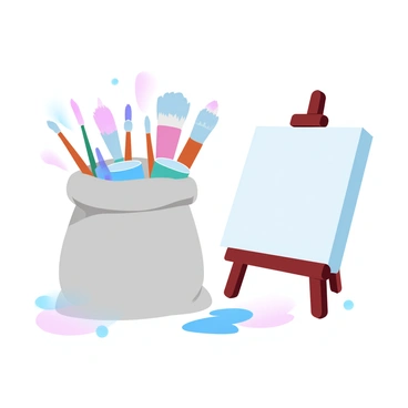 An artist's sack made of canvas is overflowing with colorful tubes of paint, some standing upright while others are slightly askew. A variety of paintbrushes in different sizes are sticking out of the sack, showcasing their bristles and wooden handles. Next to the sack is a blank canvas positioned on a sturdy easel, ready for a masterpiece. The artist's tools are arranged in a well-lit space, emphasizing the vibrant colors of the paint.