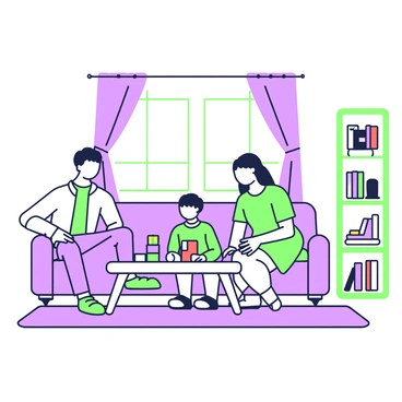 A family is sitting together in a living room. The parents are positioned on a couch, with the father on the left side, wearing a shirt and pants, while the mother, wearing a dress, is sitting next to him. Their two children are on the floor in front of them, engaged in a game with colorful building blocks. The room features a large window with curtains, a coffee table in front of the couch, and a bookshelf filled with books against the wall. A rug is placed under the coffee table, adding warmth to the scene.