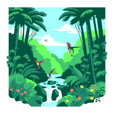 A green rainforest filled with towering trees with large, broad leaves reaching high into the sky. Sunlight filters through the canopy, casting dappled light on the forest floor. Colorful birds with vibrant plumage fly between the branches, while a small group of monkeys swings playfully from tree to tree. Below, lush undergrowth is dotted with bright flowers and ferns, adding to the rich diversity of the environment. In the distance, a small waterfall cascades over smooth rocks, creating a serene sound amidst the lively atmosphere of the rainforest.