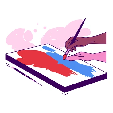 Two hands, one with a light skin tone and the other with a darker skin tone, are holding a paintbrush poised just above a large canvas. The canvas displays vivid paint strokes in a dynamic array of colors, with bold swashes of red and blue dominating the surface. The paintbrush is positioned delicately, ready to make contact with the canvas, while the background features a soft, blurred palette of colors that compliments the vibrant strokes on the canvas. The scene conveys a sense of artistic anticipation and creativity.