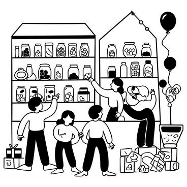 A group of children standing in a candy store, surrounded by shelves overflowing with an assortment of candies. The children are pointing at various jars filled with different shapes and sizes of candies. There are large lollipops on display, and a glass counter showcasing chocolate confections. Colorful candy boxes are stacked haphazardly on the floor, while streamers and balloons adorn the ceiling, enhancing the playful atmosphere.