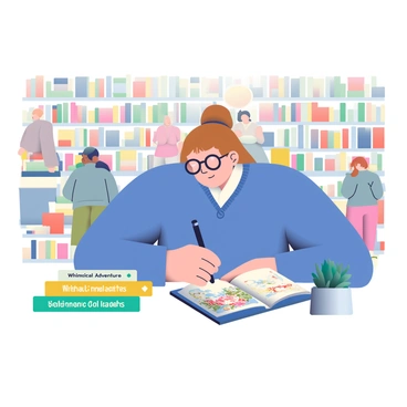 An illustrator with light brown hair tied back in a bun is seated at a table in a London bookshop, surrounded by shelves filled with various books. The illustrator is wearing a blue cardigan and black glasses, and they are signing copies of their illustrated book titled "Whimsical Adventures." There are several copies of the book stacked on the table, with colorful illustrations visible on the cover. A small potted plant sits next to the books, adding a touch of greenery to the scene. In the background, people can be seen browsing the shelves, creating a lively atmosphere in the bookshop.