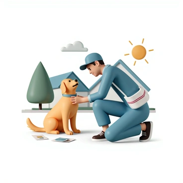 A mailman, wearing a blue uniform with a cap and a satchel, is kneeling on one knee as he gently pets a friendly golden retriever dog. The dog is sitting with its tail wagging, looking up at the mailman with a joyful expression. The scene is set in a suburban neighborhood, with houses in the background and a tree nearby. Mail is scattered on the ground, and the sun is shining brightly, casting soft shadows around the mailman and the dog.