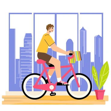 A person riding a stationary bike in a high-rise apartment with a city skyline view