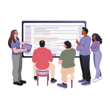 A digital flat illustration featuring a group of diverse software developers collaborating around a large digital screen. There are four developers. The first developer on the left is a woman with light skin and long brown hair, wearing glasses, a blue t-shirt, and gray jeans. She is typing on a laptop. The second developer has medium skin, short black hair, and is wearing a red hoodie and black pants. He is standing and pointing at the screen. The third developer is a man with dark skin and a beard, wearing a green shirt and beige shorts, sitting on a stool while looking at the screen. The fourth developer is a woman with medium skin and curly black hair, wearing a purple top and denim jeans, standing with her arms crossed. The large digital screen displays colorful lines of code and various programming symbols. The background is minimal, focusing on the developers and the screen.