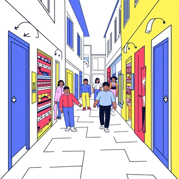 A narrow alley lined with vibrant doors painted in bold colors such as blue, red, and yellow. The doors are adorned with intricate metalwork and decorative knockers. People are walking through the alley, engaging in lively conversations. Stalls on either side display colorful textiles and fragrant spices. The cobblestone ground is slightly uneven, adding to the charm of the scene. Sunlight filters through the buildings, casting playful shadows along the walls.