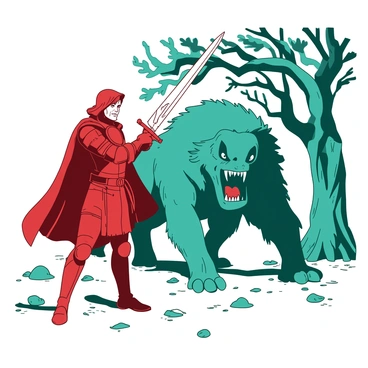 A red brave hero wearing shining armor stands confidently in a dynamic pose, gripping a teal sword tightly in his right hand. In front of him, a towering teal beast with sharp teeth and fierce eyes looms threateningly, its dark silhouette contrasting with the hero. The ground is littered with fallen leaves and small stones, adding a rugged texture to the scene. In the background, a cluster of ancient trees with twisted branches frame the action, their leaves rustling in the wind. The atmosphere conveys a sense of tension and anticipation between the hero and the beast.