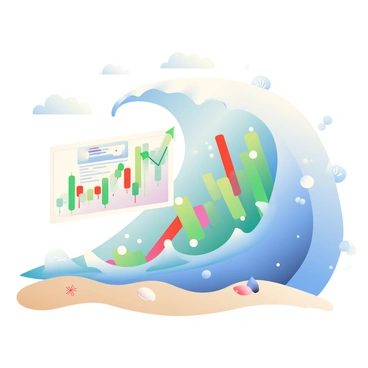 A large ocean wave composed of various stock charts is crashing onto a sandy beach. The wave features vibrant, colorful charts depicting rising and falling lines, with green and red markers indicating stock performance. The sandy beach is light beige, with small seashells scattered across the surface. The foamy crest of the wave is white, contrasting against the colorful charts, and droplets of water splash into the air as the wave crashes down. In the background, there are a few gentle clouds in the sky above, hinting at a sunny day.