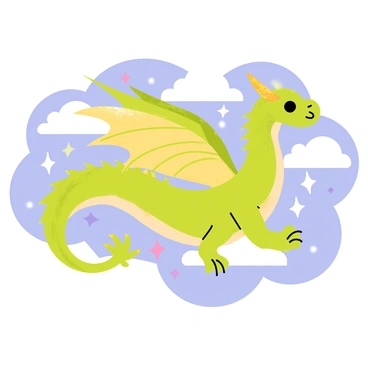 A majestic dragon with shimmering scales in various shades of green and gold is soaring gracefully through the sky. The dragon's wings are outstretched, displaying intricate patterns and details. The sky is filled with swirling white clouds, creating a dynamic backdrop. Bright magical sparkles in shades of blue, pink, and purple float around the dragon, adding a sense of enchantment to the scene. The sunlight filters through the clouds, casting soft shadows on the dragon's body as it glides through the air.