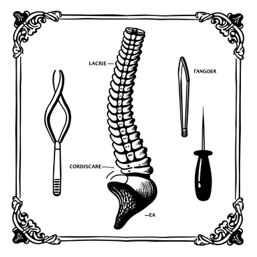 A detailed black-and-white illustration of an ancient medical depiction of the spine, showcasing vertebrae in distinct layers. The spinal cord is visible running through the center, with anatomical labels next to each part. Surrounding the spine are vintage medical tools such as a scalpel and forceps, positioned neatly. There are decorative borders with intricate patterns framing the illustration, giving it an authentic vintage appearance.