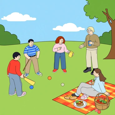 A group of four friends is playing croquet on a lush green lawn in a sunny park. One friend, a man with short black hair, is crouched down, positioning a blue croquet ball, while another friend, a woman with curly red hair, is holding a mallet, ready to take her shot. A third friend, a tall man with glasses and sandy blonde hair, is cheering them on while sipping from a lemonade pitcher. The fourth friend, a woman with straight brown hair in a ponytail, is sitting on a picnic blanket with a basket beside her, filled with sandwiches, fruits, and a colorful picnic cloth spread out. The sky above is bright blue with fluffy white clouds, and there are a few trees in the background providing shade.