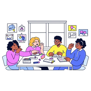 A group of five illustrators is seated around a rectangular table. Each illustrator has a sketchbook in front of them, filled with various doodles and colorful sketches. One illustrator, with curly hair, is animatedly pointing at a drawing on their sketchbook, while another, wearing glasses, is nodding in agreement. The table is cluttered with colored pencils, markers, and crumpled paper with scribbled notes. A large window in the background lets in natural light, illuminating the scene. On the wall behind them, there are various framed illustrations and inspiration boards.