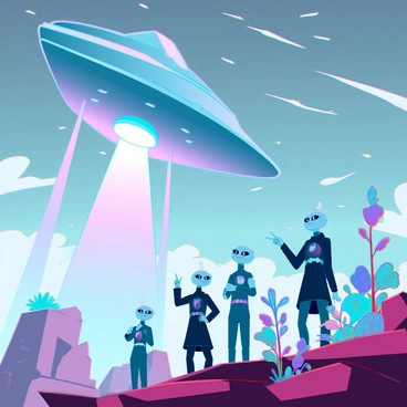 A group of aliens with iridescent skin and large, expressive eyes stands on a rocky surface, gazing in awe at a spaceship that has just landed nearby. The spaceship is sleek and metallic, emitting a trail of shimmering particles as it disrupts the atmosphere. A massive sonic boom radiates outward, creating visible shockwaves that ripple through the air. The aliens are positioned in various stances, with some pointing and others with mouths agape in wonder. The landscape around them features unusual rock formations and vibrant, bioluminescent flora that reacts to the energy of the landing spacecraft. The sky is filled with swirling colors, adding to the dramatic atmosphere of the moment.