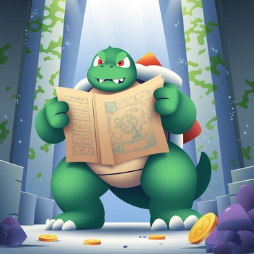 Bowser, a large turtle-like creature with green skin and a spiked shell, is in an ancient temple. He is holding a weathered map in his hands, closely examining it with a furrowed brow. The map features faded drawings and cryptic symbols indicating various locations. Surrounding Bowser are towering stone pillars covered in moss and ancient inscriptions. The temple has dim lighting, with rays of sunlight filtering through cracks in the ceiling, illuminating dust particles in the air. Scattered around the floor are glittering gold coins and various jewels, hinting at hidden treasures nearby.