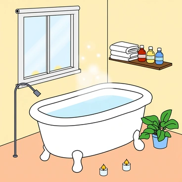 A cozy bathroom designed for relaxation, featuring a large white bathtub filled with steaming water. Beside the tub, there are several small glass bottles filled with colorful scented oils, each label showcasing different fragrances. Fluffy white towels are neatly stacked on a wooden shelf nearby, and a small potted plant with green leaves adds a touch of nature to the space. Soft light filters in from a window, illuminating the tranquil setting. A few candles are placed around the tub, casting gentle shadows and enhancing the soothing atmosphere.