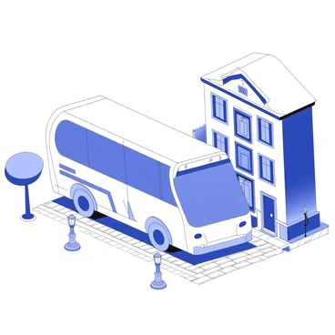 An electric bus is parked on a cobblestone street. The bus features a retro aesthetic with rounded edges and large, panoramic windows. Its front has a bold, curved grille design reminiscent of mid-20th century buses. The body of the bus is adorned with vintage-style signage displaying the bus route. The cobblestones below are uneven and add character to the scene. Surrounding the bus, there are small trees with thick trunks and a few vintage lampposts casting soft shadows. A nearby building has an intricate facade, displaying classic architectural details.