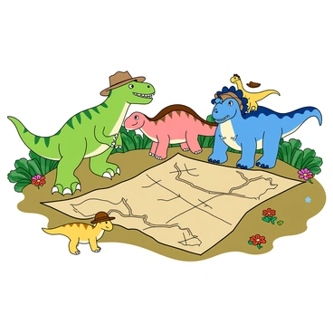 A colorful 3D cartoon scene depicts several dinosaurs gathered around a large, aged treasure map spread out on the ground. One dinosaur, a bright green T-Rex, wears a floppy explorer hat and leans closer to the map, examining it with great interest. Beside it, a blue triceratops with a smaller explorer hat tilts its head in curiosity. A pink stegosaurus stands behind them, peeking over the T-Rex's shoulder, while a small yellow velociraptor hops excitedly nearby, also wearing a cute explorer hat. The treasure map features detailed drawings of mountains, rivers, and an "X" marking the treasure spot, surrounded by lush greenery and colorful flowers in the background. The dinosaurs showcase playful expressions as they embark on their adventurous quest.