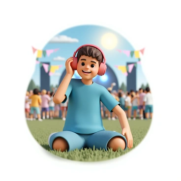 A young boy, wearing a bright blue t-shirt and denim shorts, is sitting on a patch of green grass at a music festival. He has short brown hair and is wearing red headphones, listening intently to the live performance. His face is lit up with a broad smile, showing his enjoyment of the music. Around him, there are colorful festival decorations and a crowd of people in the background, some dancing, while a stage with vibrant lights can be seen in the distance. The sun is shining down, creating a cheerful atmosphere.