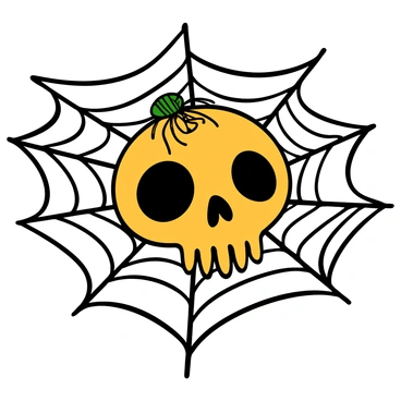 A detailed cat skull with distinct features like sharp teeth and empty eye sockets, positioned prominently in the center. A small spider with delicate legs is crawling on the surface of the skull. The background is filled with intricate cobwebs, intricately woven, creating a sense of texture. The lighting casts subtle shadows, emphasizing the contours of the skull and the delicate form of the spider.