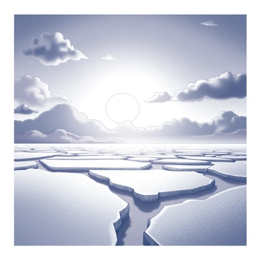 A vast permafrost landscape stretches out under a dramatic sky. The ground is covered in a layer of frost, with glittering ice crystals reflecting light. A large sun is positioned close to the horizon, radiating a "warm glow" that contrasts with the cool tones of the frozen ground. Fluffy clouds are scattered across the sky, tinged with "soft hues" as they catch the light from the setting sun. Shadows stretch across the landscape, creating a sense of depth and tranquility.