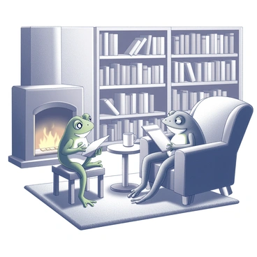 A frog and a toad are sitting on a plush rug in a cozy library. The frog, with its smooth green skin, is perched on a low wooden stool, holding an open book with its small hands. The toad, with its bumpy, darker skin, is settled comfortably in a large armchair, also engrossed in a book. Behind them, tall wooden bookshelves are filled with numerous books of various sizes. A warm fireplace sits to one side, with flames gently flickering, casting soft shadows around the room. A steaming mug rests on a small table between them, adding to the inviting atmosphere.