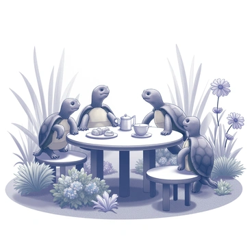 A whimsical tea party with turtles sitting around a small table in a garden
