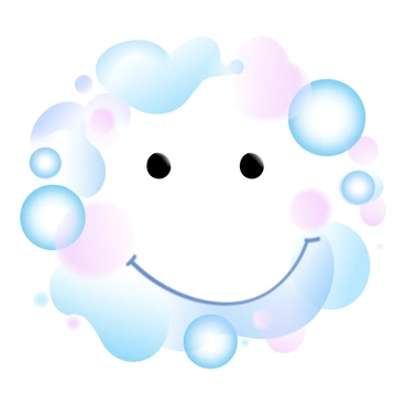 A collection of soap bubbles floating in the air, arranged to form a "smiley face". Each bubble is reflecting light in various pastel colors, creating a gradient effect. The bubbles vary in size, with some larger ones complementing the smaller ones around them. The background features a soft, blurred landscape that enhances the focus on the bubbles and their playful arrangement.