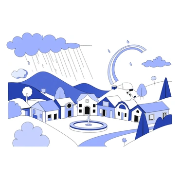 A whimsical scene showing rain and sunshine battling over a small village