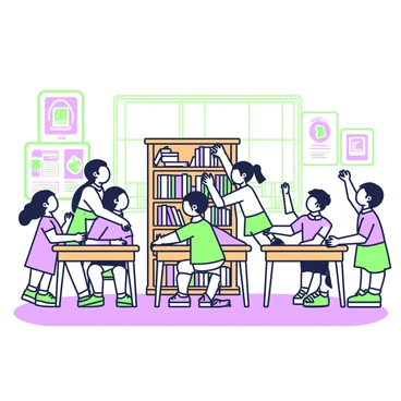 A classroom filled with children is bustling with energy. There are several wooden desks arranged in rows, each occupied by eager students. In the center, a tall bookshelf stands filled with colorful books. Children with bright expressions reach up towards the shelves, their hands outstretched to grab various books. A large window in the background allows light to flood the room, illuminating the scene. On the walls, educational posters and art created by the students are displayed, adding to the vibrant atmosphere. Some children are seated, while others are standing on their tiptoes, excitedly discussing the titles of the books they want to read.