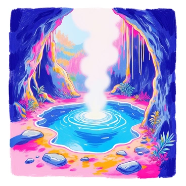 A hot volcanic spring is bubbling in the center of an underground grotto. The walls of the grotto are rugged and textured, dripping with mineral-rich water. Steam rises from the surface of the spring, creating a mist that envelops the surrounding rocks. The water is a bright turquoise color, contrasting sharply with the dark gray stones around it. Stalactites hang from the ceiling, glistening with moisture, while small pools of water collect at the base of the walls. Ferns and moss cling to the rocks, adding touches of green to the scene. The atmosphere feels warm and humid, enhancing the vibrant colors of the spring and the natural formations around it.