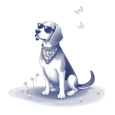A beagle sitting on a grassy lawn. The dog is wearing dark sunglasses perched on its nose and a colorful bandana around its neck. The sun is shining brightly overhead, casting shadows on the ground. Nearby, there are a few scattered flowers and a butterfly fluttering in the air. The beagle appears relaxed, with its ears flopping and a slight wag in its tail.