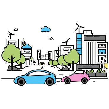 A line of sleek, futuristic electric cars, showcasing aerodynamic shapes and vibrant colors, is driving along a wide avenue. The first car is a glossy blue model with smooth lines, followed by a bright red car with an angular design. Tall buildings, constructed with glass and greenery, tower on either side of the street. Lush trees and colorful flower beds line the sidewalks, while solar panels and wind turbines are visible on the rooftops. The sky is clear with a few fluffy clouds, and the scene is bustling with activity from pedestrians and cyclists.
