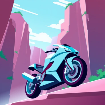 A sleek BMW motorcycle with a shiny metallic finish is racing through a canyon. The motorcycle has aerodynamic features and a powerful stance, showcasing its speed and performance. Towering cliffs surround the narrow road, their rugged surfaces contrasting against the smooth lines of the bike. The sky above is clear with a few wispy clouds, adding to the expansive feel of the scene. Sunlight casts dynamic shadows on the rocky outcrops, emphasizing the height of the cliffs. In the distance, patches of greenery peek through the canyon, offering a vibrant contrast to the earthy tones of the rocks.