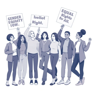 A diverse group of young activists of various genders stands together. They are holding signs that read "Gender Equality Now" and "Equal Rights for All." Each activist displays a unique style with varied clothing, hairstyles, and expressions that convey determination and solidarity. Some activists are smiling while others have serious expressions, reflecting their commitment to the cause. The scene captures a sense of unity as they stand side by side, with raised fists and engaging body language that emphasizes their shared goal.