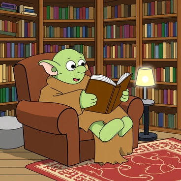 A house-elf with large, expressive ears and big eyes is sitting on a comfortable, oversized armchair. The elf has a slightly tattered brown cloth wrapped around its body. It is intently reading a large, ancient book that rests on its lap, with its fingers gently tracing the text. Surrounding the elf are towering shelves filled with a variety of colorful books and scrolls. A soft glow from a small table lamp adds warmth to the cozy atmosphere, casting gentle shadows on the walls. A few scattered cushions and an ornate rug complete the inviting library setting.