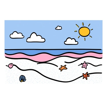 A wide view of a beach with soft sand made of powdered sugar, creating a sparkling white landscape. Gentle waves roll in, made of bubblegum foam, with pastel colors of pink and blue blending together. In the background, a clear sky stretches overhead with fluffy white clouds scattered throughout. Small seashells and starfish can be seen partially buried in the sugary sand. A bright sun shines down, casting warm light over the entire scene, enhancing the colors of the beach.