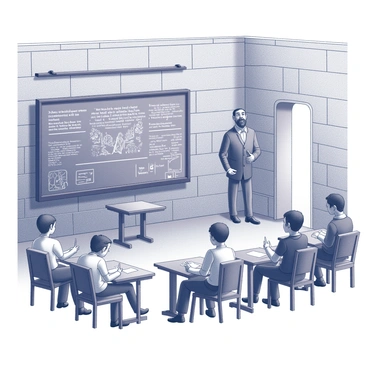 An ancient classroom filled with stone walls and wooden benches. A large chalkboard stands at the front, where "Seneca" is depicted writing with chalk. He has a thoughtful expression, indicating deep contemplation as he illustrates various philosophical concepts. Students are seated at their desks, attentively listening and observing. Some students are taking notes while others are raising their hands to ask questions. The scene conveys a sense of learning and intellectual exchange in a scholarly environment.