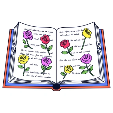 An ancient botanical manuscript displayed opened on a wooden table. The pages are filled with detailed illustrations of various types of "roses," showcasing their petals and leaves. Each rose is rendered in vibrant, hand-painted colors of red, pink, and yellow. The background of the manuscript features faded, handwritten text in an elegant script describing the characteristics of the roses. The edges of the pages are adorned with decorative borders that include small floral motifs.