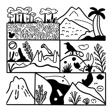 A collage featuring various Earth biomes, including a dense tropical rainforest with towering trees and thick undergrowth, a vast desert landscape with rolling sand dunes and sparse vegetation, a snowy tundra with a blanket of snow covering the ground, a vibrant coral reef teeming with marine life and colorful corals, and a rocky mountain range with steep cliffs and rugged terrain. Each biome is distinctly represented, showcasing unique plants and animals typical of their environments. The collage is arranged in a way that highlights the contrasts between the different ecosystems.