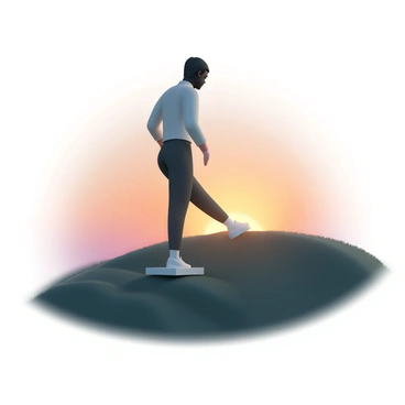 A silhouette of a person, wearing a fitted athletic outfit, performing step-ups on a grassy hilltop. The person is in mid-action, with one foot elevated on a small platform while the other is poised to step up. The sky is a gradient of warm colors, transitioning from deep orange at the horizon to lighter shades of pink and blue above. The sun is just peeking over the horizon, casting long shadows and creating a dramatic contrast against the hilltop and the person's form. The surrounding landscape is gently undulating, adding depth to the scene.