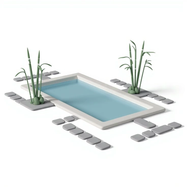 A minimalist zen-inspired swimming pool featuring clear blue water. The pool is surrounded by smooth, gray stone pathways that create a harmonious flow throughout the area. Lush green bamboo plants are strategically placed around the pool, their slender stalks swaying gently in the breeze. The overall atmosphere is calm and tranquil, inviting relaxation. Soft sunlight casts gentle shadows on the stone pathways, enhancing the serene environment.