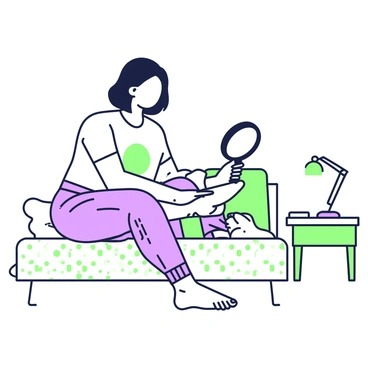 A person with medium-length hair is sitting on the edge of a bed, looking down at their feet. They are wearing comfortable loungewear consisting of a light-colored t-shirt and soft sweatpants. In front of them, there is a small handheld mirror lifted in their hands, reflecting their feet. The bed features a simple patterned blanket, and a bedside table is positioned next to it with a small lamp and a book resting on it. The room is softly lit, creating a calm atmosphere as the person examines their feet closely for any issues.