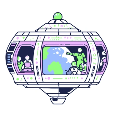 A rotating space station is positioned in the vastness of space, orbiting Earth. The station features multiple interconnected modules with large observation windows facing outward. Inside the station, several astronauts are visible, wearing space suits. They are gathered at the windows, gazing out at the curvature of the blue planet below, which shows landmasses and swirling clouds. The station's rotating motion is indicated by elements such as a visible rotating mechanism and the slightly blurred background of stars. The astronauts point and gesture, clearly captivated by the view outside.