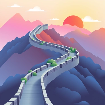 The Great Wall of China is winding through rugged mountains, showcasing its ancient stone structure. The wall is bathed in warm hues of orange and pink as the sun sets on the horizon. Long shadows stretch across the undulating terrain, creating a dramatic contrast with the vibrant sky. The mountains in the background are silhouetted against the sunset, adding depth to the scene. Small patches of greenery can be seen along the wall, indicating the passage of time and nature's reclamation.