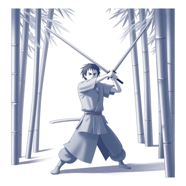 A figure stands in a tranquil bamboo forest, practicing with two swords. The character has a determined expression, displaying intense focus as he maneuvers the swords with precision. Tall bamboo stalks surround him, creating a natural setting. Sunlight filters through the leaves, casting soft shadows on the ground. The character's hair moves slightly with the motion of his training, emphasizing his movements. The atmosphere is calm, with the occasional rustle of leaves adding to the serene environment.
