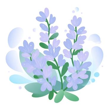 A cluster of delicate purple thyme flowers is prominently displayed in the foreground. Each flower features small, intricate petals that are in full bloom. The flowers are adorned with tiny dewdrops, which glisten softly in the light, showcasing their fresh appearance. The background is filled with lush green leaves that provide a contrasting backdrop to the vibrant purple flowers, enhancing their beauty.