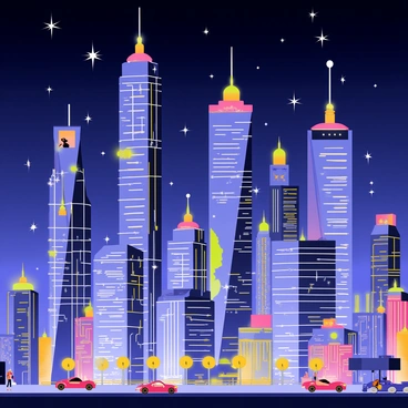 A vibrant city skyline filled with tall, modern skyscrapers made of glass and steel. The buildings are illuminated by various colorful lights that reflect off the glass surfaces. Floating star spren, small ethereal beings, shine with a soft glow, adding a magical touch to the urban landscape. The night sky is dotted with twinkling stars, complementing the illumination from the city. Below, busy streets are filled with cars and people, creating a lively atmosphere.